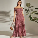Elegant Off Shoulder Maxi Dress Floral Print Elastic Waist Flared Skirt Fashionable for Parties