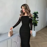 Asymmetrical Shoulder Long Sleeve Dress Ruched Waist Bodycon Fit Elegant Black Mesh Fabric