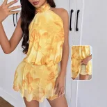Womens Fashion Tie Neck Halter Mini Dress Yellow Floral Print Summer Vacation Style Wholesale Av