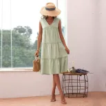 Sleeveless V Neck Cotton Linen Dress Solid Color Summer Style Casual Wear Wholesale Available