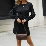 Black Long Sleeve Bodycon Dress with Tie Detail Elegant Vintage Style Perfect for Parties and Ev