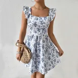Floral Print Backless Dress Sweet Slim Fit Ruffled Sleeves Spring Summer Style Wholesale Availab