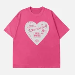 Loose Fit Heart Print Short Sleeve T Shirt for Women Vintage Wash Design Casual Style Summer Wea
