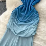 Strapless Mermaid Dress for Women Summer Elegant Gradient Color Ruffled Waist Mesh Fabric