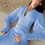 Elegant A Line Dress Deep V Neck Button Detail Waist Cinching Lantern Sleeves Perfect for Office