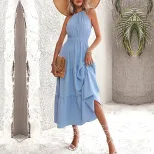 Womens Sleeveless Halter Dress Waist Defined Cake Skirt Design Casual Vacation Wear OEM Availabl