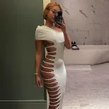 Sleeveless Bodycon Dress Fashionable Solid Color Hollow Out Design Asymmetrical Shoulder Spring