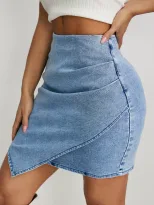 High Waisted Ruffled Asymmetrical Denim Skirt Womens Fashion Comfortable Fit Versatile Style Who