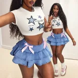 Denim Midi Skirt Elastic Versatile Sweet Edgy Style Spring Summer Fashion for Women Wholesale Av