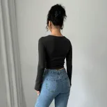 Long Sleeve Cropped T Shirt Sexy Slim Fit Square Neck Stretch Fabric Autumn Fashion for Women Wh