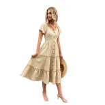 French Style V Neck Short Sleeve Cake Dress Slim Fit Waist Defining Lightweight Fabric Summer Va