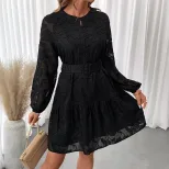 Elegant Black Jacquard Dress Round Neck Long Sleeve Spring Fall Style Perfect for Casual or Form