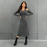 Fashionable Womens High Waist Solid Color Midi Dress Simple Design Halter Neck Slim Fit Autumn W