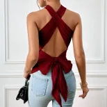 Summer Sleeveless Knit T Shirt Cross Neck Tie Design Solid Color Sexy Style Casual Wear for Wome