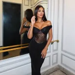 Black Lace Panel Bodycon Dress Off Shoulder Slim Fit Elegant Style Perfect for Parties and Speci