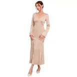 French V Neck Satin Maxi Dress High Waist Slim Fit Elegant Style Perfect for Autumn and Winter W