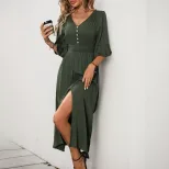 Elegant V Neck Flare Sleeve Midi Dress Solid Color Summer Style Perfect for Casual or Formal Occ