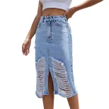 High Waisted Distressed Denim Skirt Vintage Style Slim Fit Unique Design Casual Wear Summer Fash