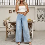 Womens Low Rise Straight Leg Rhinestone Embellished Wide Leg Jeans Casual Chic Style Wholesale A