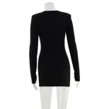 Bodycon Dress Sexy Deep V Neck Hollow Out Solid Color Shoulder Pads Nightclub Outfit Wholesale A