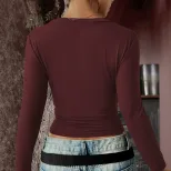 Vintage American Style Burgundy V Neck Stretch Fitted Top Long Sleeve Slim Fit Layering Essentia