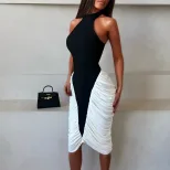 Color Block Black and White Bodycon Dress Sleeveless Fashionable Casual Style Perfect for Work o