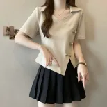 Womens V Neck Polo T Shirt Short Sleeve Plus Size Casual Chic Design Available in Apricot and Black Wholesale