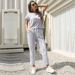 Two Piece Striped Casual Set Short Sleeve Round Neck Trendy Design Perfect for Summer Outings Wholesale Availabl