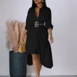 Womens Button Up Shirt Dress Solid Color Loose Fit Stylish Design Irregular Hem Casual Wear for