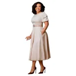 Elegant A Line Dress with Puff Sleeves Round Neck Waist Defined Flowy Skirt Perfect for Parties