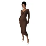 Brown V Neck Midi Dress for Women Twist Front Design Slim Fit Three Quarter Sleeves Spring and A