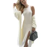 Womens Sweater Set Loose Fit Long Cardigan Faux Fur Side Slit Skirt Autumn Winter Fashion Wholes