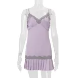 Lace Trim Pleated Dress V Neck Sleeveless Elegant Design Spring Summer Fashion for Women Wholesa