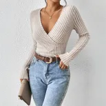 Womens Slim Fit V Neck Long Sleeve T Shirt Ribbed Fabric Soft Touch Elegant Style Spring Summer