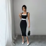 Summer Womens Long Color Block Dress Square Neck Sleeveless Elegant Style Perfect for Casual Out
