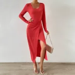 Elegant Solid Color Bodycon Dress Chic Split Design Comfortable Fit Perfect for Office or Evenin