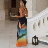 Elegant Abstract Print Maxi Dress Sexy Backless Mid Waist Bodycon Fit Perfect for Parties and Sp