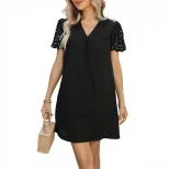 Loose Fit Straight Dress Beaded Detail Fashionable Minimalist Design Black Color for Casual Occa