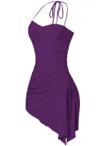 Halter Neck Ruched Bodycon Dress Side Slit Irregular Hem Slim Fit Night Out Party Wear Wholesale