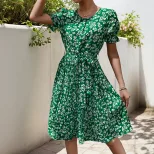 Summer Floral Print Pleated Dress Fresh Design Round Neck Tie Waist Casual Wear for Women OEM Av