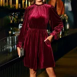Velvet Party Dress Elegant A Line Silhouette Half High Neck Waist Defining Comfortable Fit Perfe