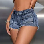 Womens Distressed Denim Shorts High Waist Elastic Fabric Large Pockets Casual Summer Wear Wholes