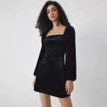 A Line Velvet Dress Slimming Waist Design Long Sleeves Square Neck Autumn Winter Party Wear Whol