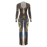 Fashionable Womens Long Sleeve Bodycon Dress with Ring Detail Color Block Design Low Neckline Fa