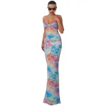 Sleeveless Color Block Printed Bodycon Maxi Dress Hollow Out Design Sexy Fit Spring Summer Fashi
