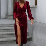 Velvet Midi Dress Elegant Burgundy Color Party Style Spring Summer Collection Wholesale Availabl