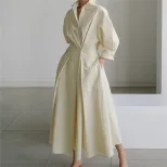 Plus Size Fashionable Polo Collar Dress Loose Fit Three Quarter Sleeves Flared Hem Ideal for Com