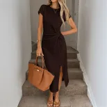 Elegant Brown Short Sleeve Midi Dress for Women Vintage Modern Style Waist Defining Side Slit Pe