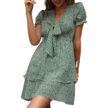 Summer Floral Cake Dress Waist Defined Bow Detail Green Color Perfect for Parties and Casual Out