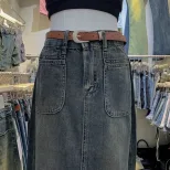 2023春秋季新款双口袋开叉牛仔裙女高腰长款宽松显瘦垂感直筒半裙